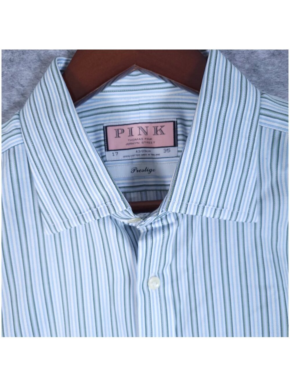 Thomas Pink Prestige Dress Shirt 17 35 Blue Green Stripe 100% Cotton French Cuff